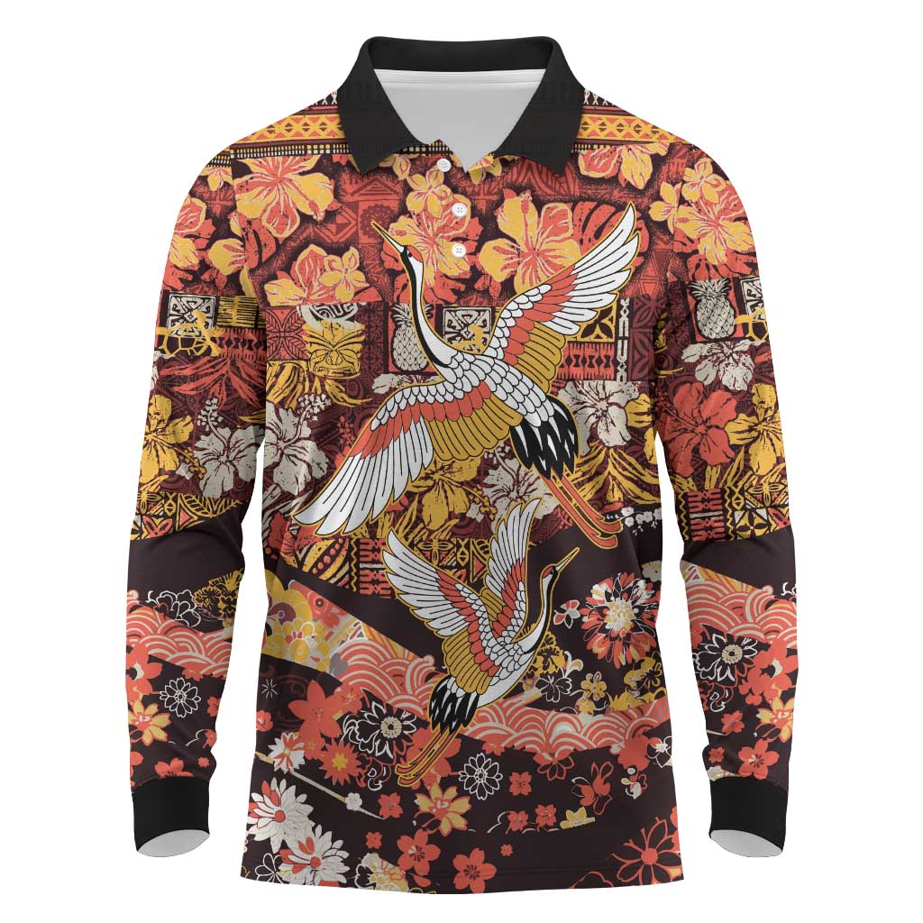 Japanese Hawaiian Crane Long Sleeve Polo Shirt Yellow Ochre Tapa Patchwork Pattern LT9 Yellow - Polynesian Pride
