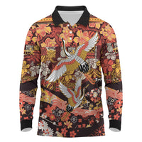 Japanese Hawaiian Crane Long Sleeve Polo Shirt Yellow Ochre Tapa Patchwork Pattern LT9 Yellow - Polynesian Pride