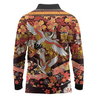 Japanese Hawaiian Crane Long Sleeve Polo Shirt Yellow Ochre Tapa Patchwork Pattern LT9 - Polynesian Pride