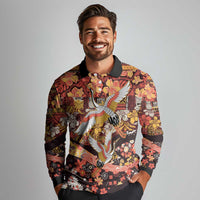 Japanese Hawaiian Crane Long Sleeve Polo Shirt Yellow Ochre Tapa Patchwork Pattern LT9 - Polynesian Pride