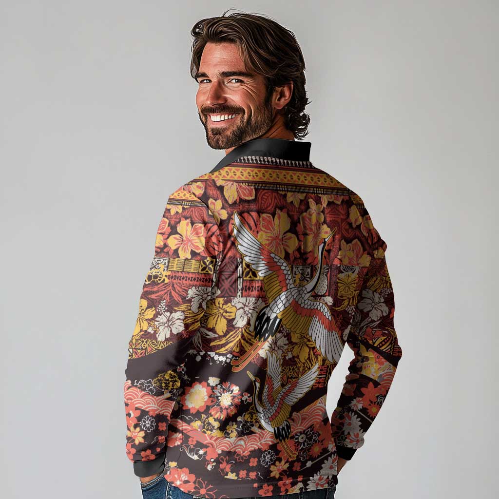 Japanese Hawaiian Crane Long Sleeve Polo Shirt Yellow Ochre Tapa Patchwork Pattern LT9 - Polynesian Pride