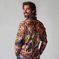 Japanese Hawaiian Crane Long Sleeve Polo Shirt Yellow Ochre Tapa Patchwork Pattern LT9 - Polynesian Pride