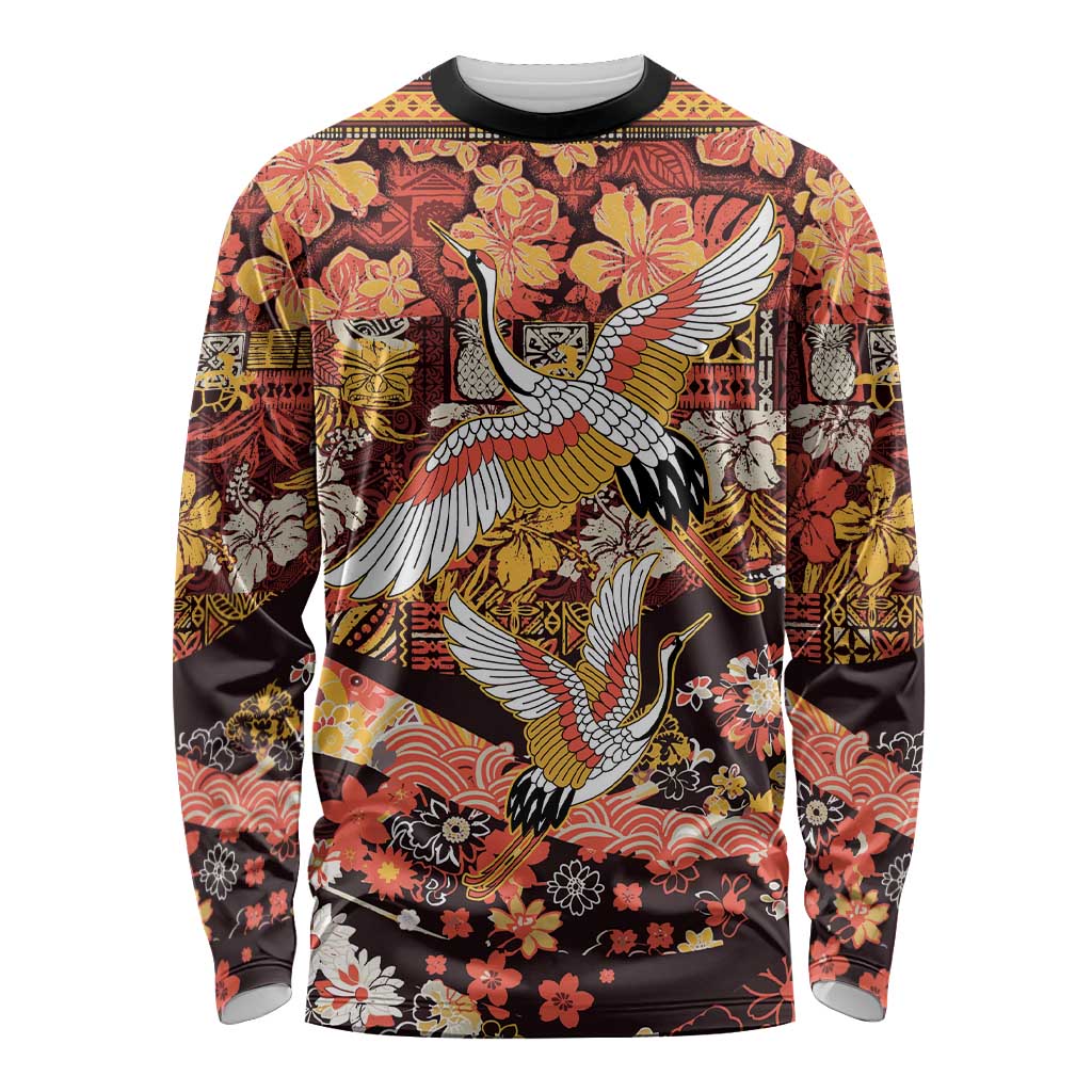 Japanese Hawaiian Crane Long Sleeve Shirt Yellow Ochre Tapa Patchwork Pattern LT9 Unisex Yellow - Polynesian Pride
