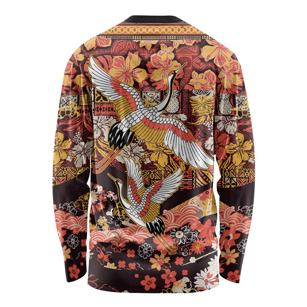 Japanese Hawaiian Crane Long Sleeve Shirt Yellow Ochre Tapa Patchwork Pattern LT9 - Polynesian Pride
