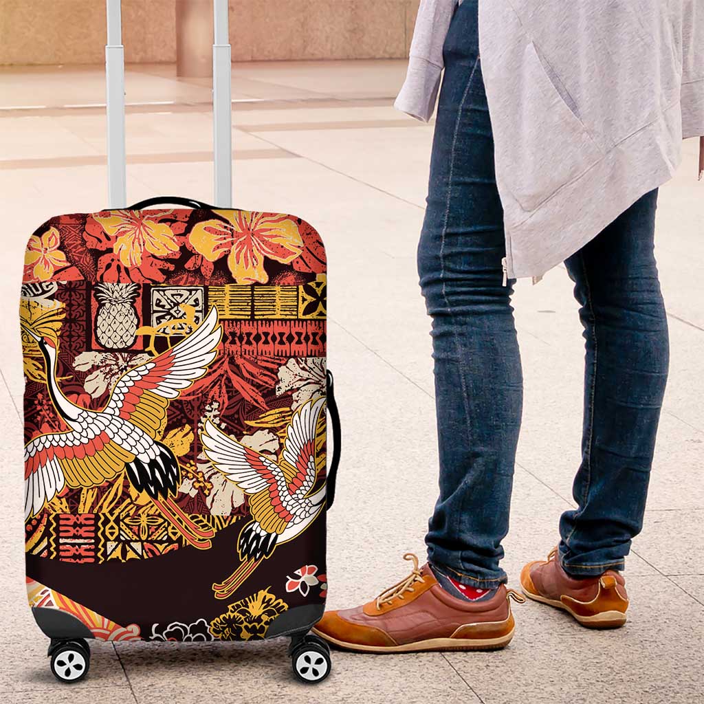Japanese Hawaiian Crane Luggage Cover Yellow Ochre Tapa Patchwork Pattern LT9 Yellow - Polynesian Pride