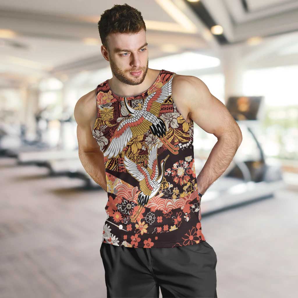 Japanese Hawaiian Crane Men Tank Top Yellow Ochre Tapa Patchwork Pattern LT9 Yellow - Polynesian Pride