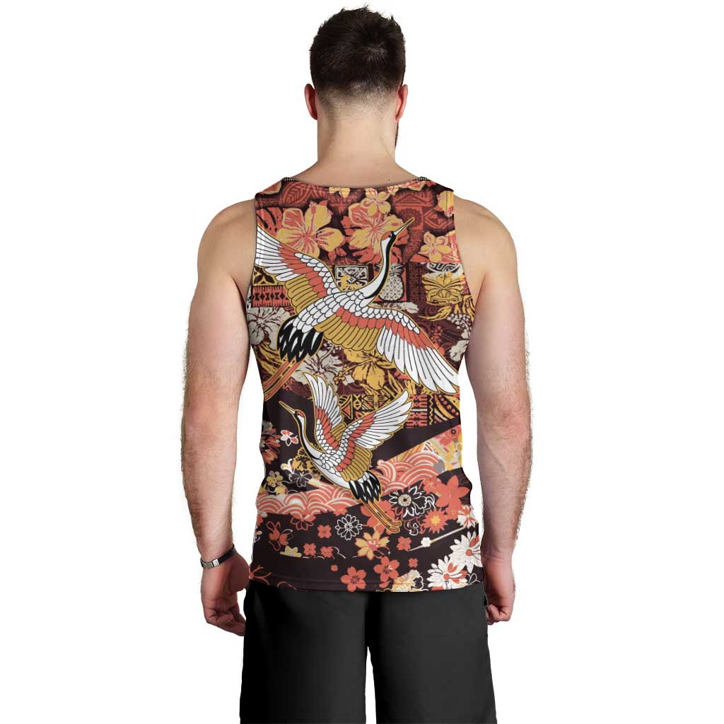 Japanese Hawaiian Crane Men Tank Top Yellow Ochre Tapa Patchwork Pattern LT9 - Polynesian Pride