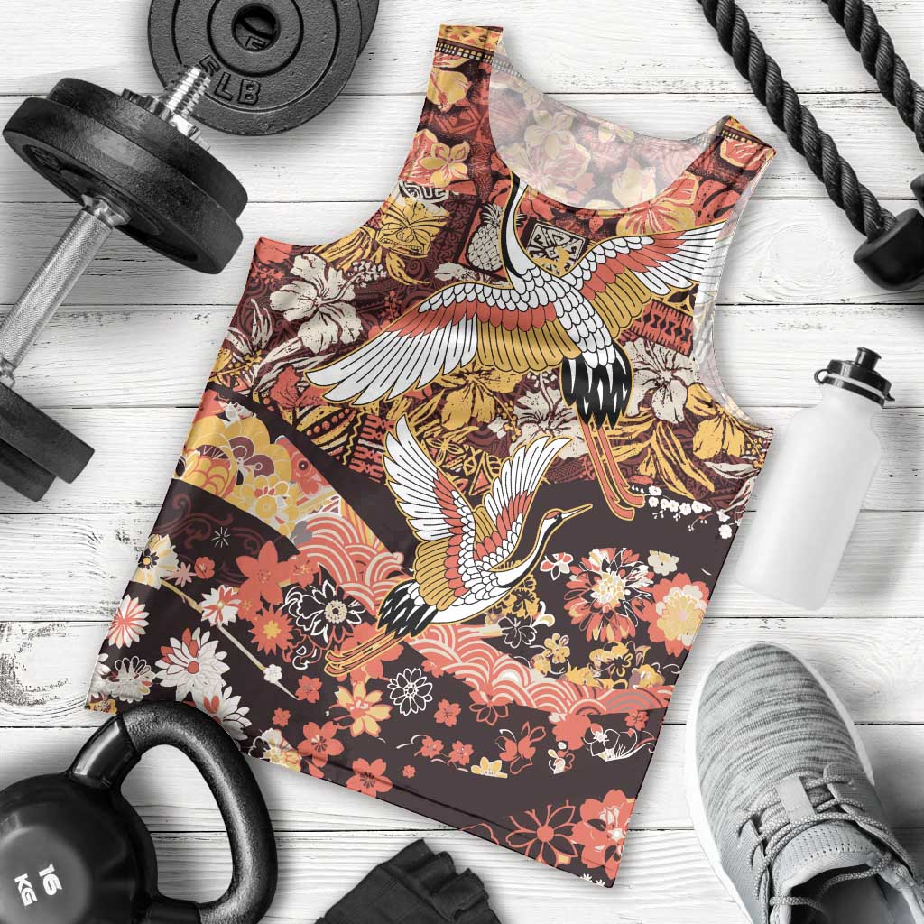 Japanese Hawaiian Crane Men Tank Top Yellow Ochre Tapa Patchwork Pattern LT9 - Polynesian Pride