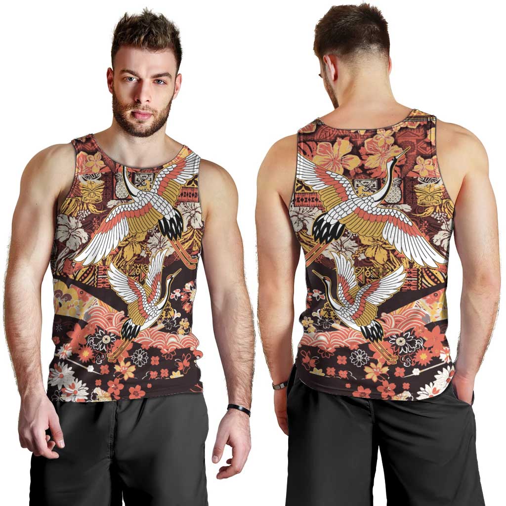 Japanese Hawaiian Crane Men Tank Top Yellow Ochre Tapa Patchwork Pattern LT9 - Polynesian Pride