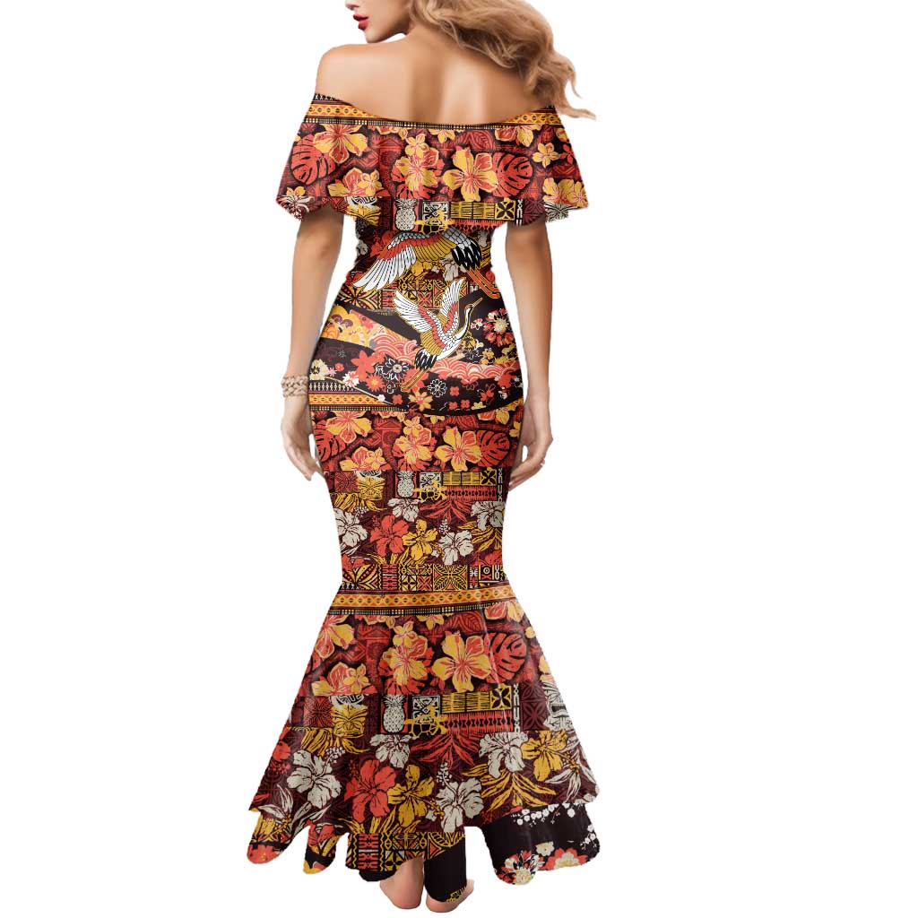 Japanese Hawaiian Crane Mermaid Dress Yellow Ochre Tapa Patchwork Pattern LT9 - Polynesian Pride