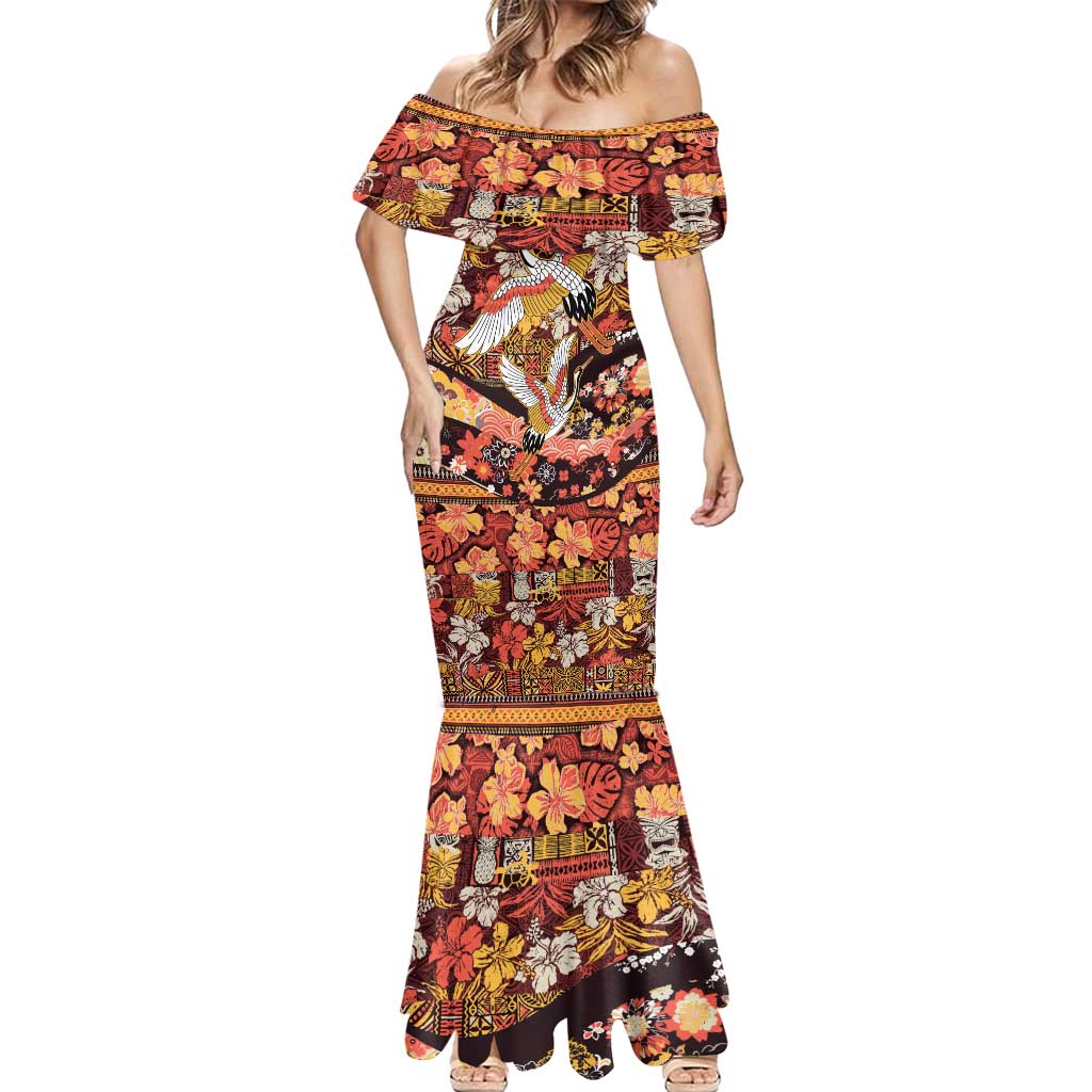 Japanese Hawaiian Crane Mermaid Dress Yellow Ochre Tapa Patchwork Pattern LT9 - Polynesian Pride