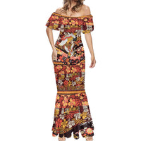 Japanese Hawaiian Crane Mermaid Dress Yellow Ochre Tapa Patchwork Pattern LT9 - Polynesian Pride