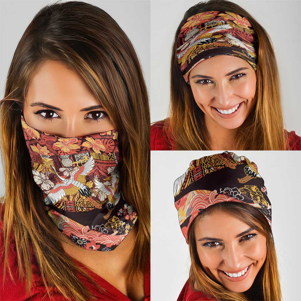Japanese Hawaiian Crane Neck Gaiter Yellow Ochre Tapa Patchwork Pattern LT9 - Polynesian Pride