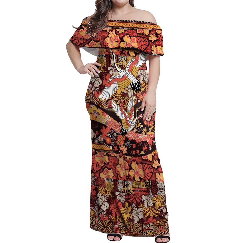 Japanese Hawaiian Crane Off Shoulder Maxi Dress Yellow Ochre Tapa Patchwork Pattern LT9 Women Yellow - Polynesian Pride