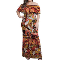 Japanese Hawaiian Crane Off Shoulder Maxi Dress Yellow Ochre Tapa Patchwork Pattern LT9 Women Yellow - Polynesian Pride