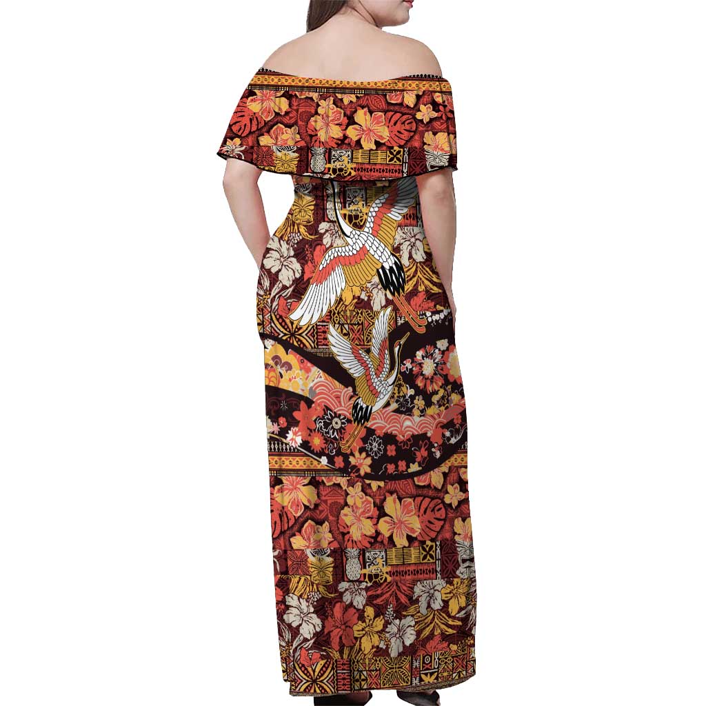 Japanese Hawaiian Crane Off Shoulder Maxi Dress Yellow Ochre Tapa Patchwork Pattern LT9 - Polynesian Pride