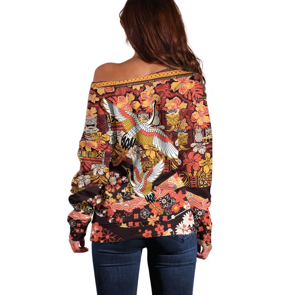 Japanese Hawaiian Crane Off Shoulder Sweater Yellow Ochre Tapa Patchwork Pattern LT9 - Polynesian Pride
