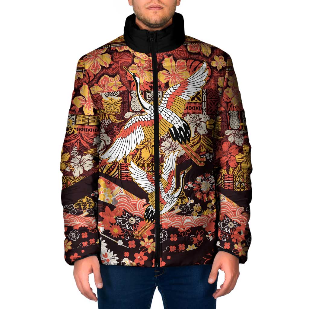 Japanese Hawaiian Crane Padded Jacket Yellow Ochre Tapa Patchwork Pattern LT9 Men Yellow - Polynesian Pride