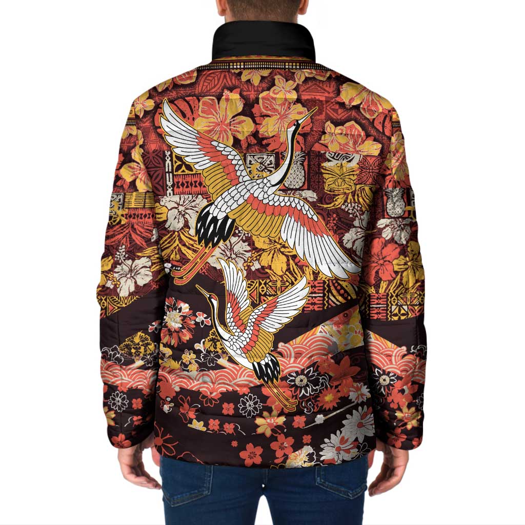 Japanese Hawaiian Crane Padded Jacket Yellow Ochre Tapa Patchwork Pattern LT9 - Polynesian Pride