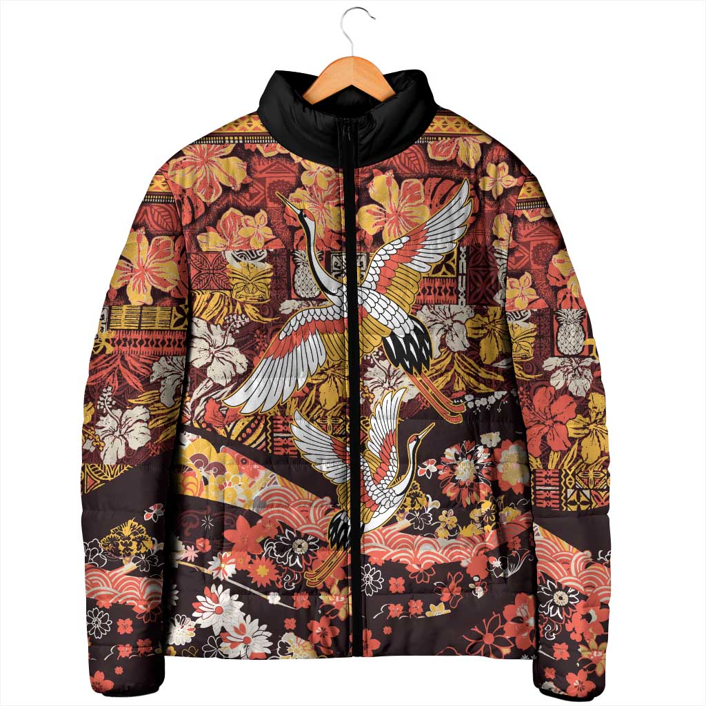 Japanese Hawaiian Crane Padded Jacket Yellow Ochre Tapa Patchwork Pattern LT9 - Polynesian Pride