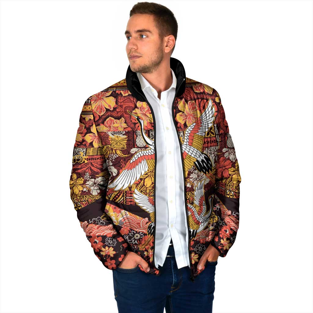 Japanese Hawaiian Crane Padded Jacket Yellow Ochre Tapa Patchwork Pattern LT9 - Polynesian Pride