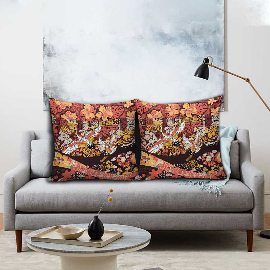 Japanese Hawaiian Crane Pillow Cover Yellow Ochre Tapa Patchwork Pattern LT9 - Polynesian Pride