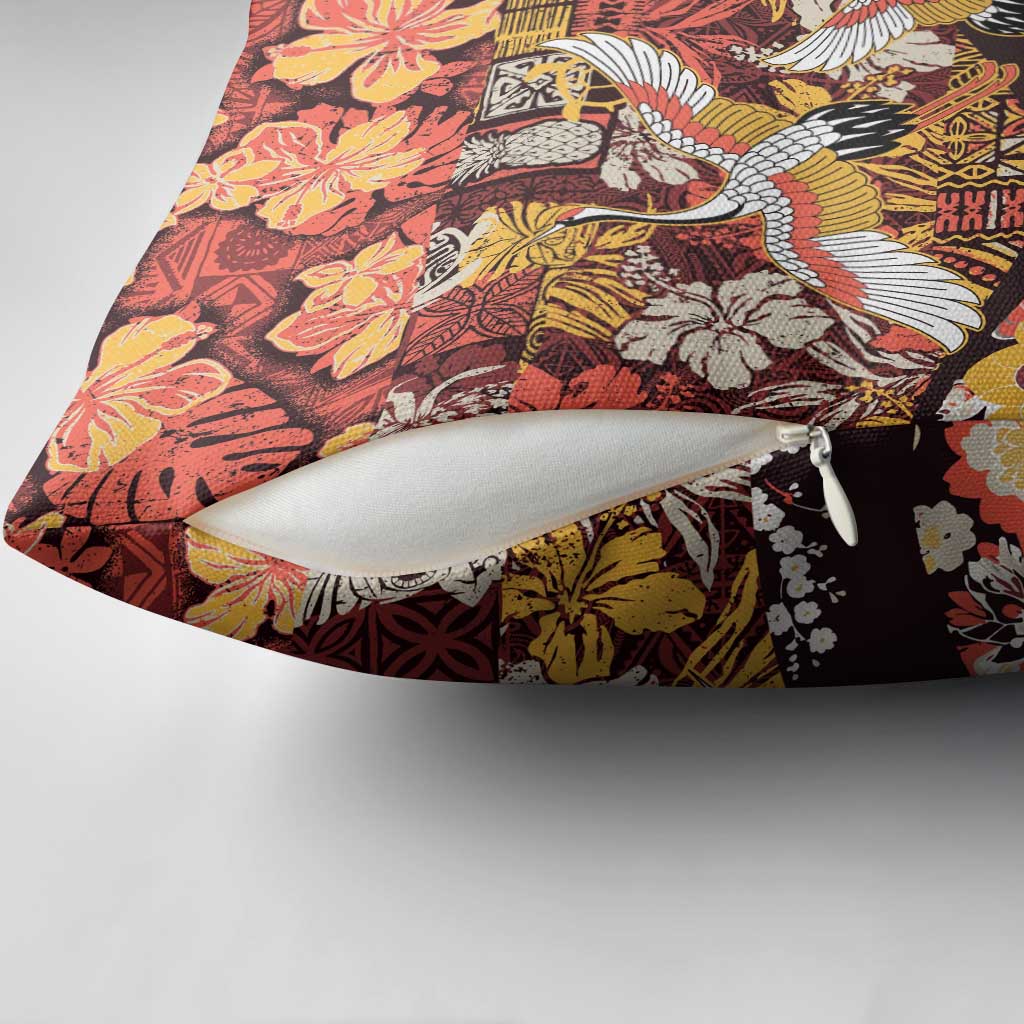 Japanese Hawaiian Crane Pillow Cover Yellow Ochre Tapa Patchwork Pattern LT9 - Polynesian Pride