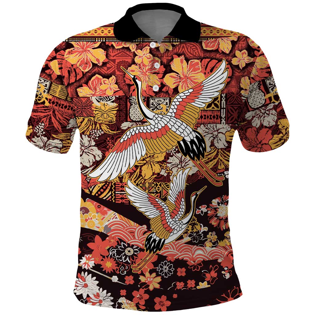 Japanese Hawaiian Crane Polo Shirt Yellow Ochre Tapa Patchwork Pattern LT9 Yellow - Polynesian Pride
