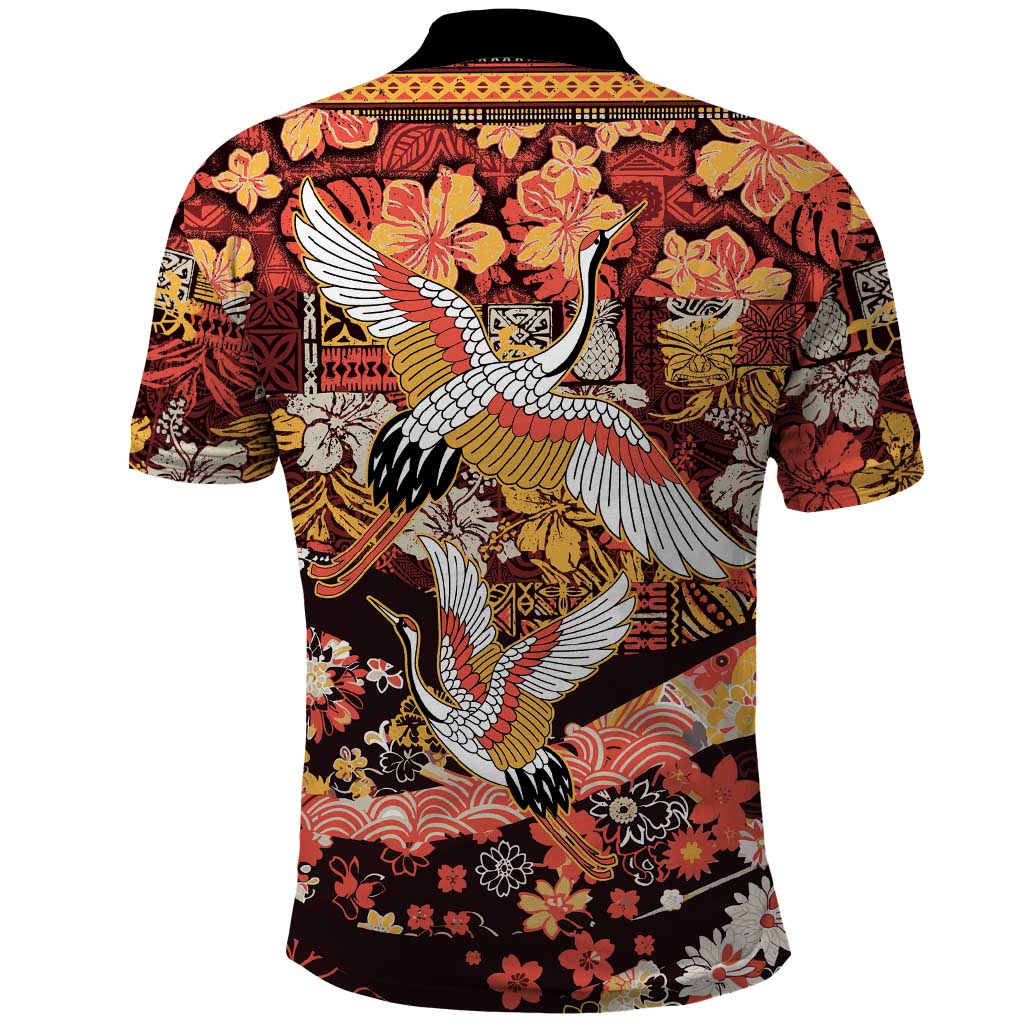 Japanese Hawaiian Crane Polo Shirt Yellow Ochre Tapa Patchwork Pattern LT9 - Polynesian Pride