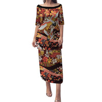 Japanese Hawaiian Crane Puletasi Yellow Ochre Tapa Patchwork Pattern LT9 Long Dress Yellow - Polynesian Pride