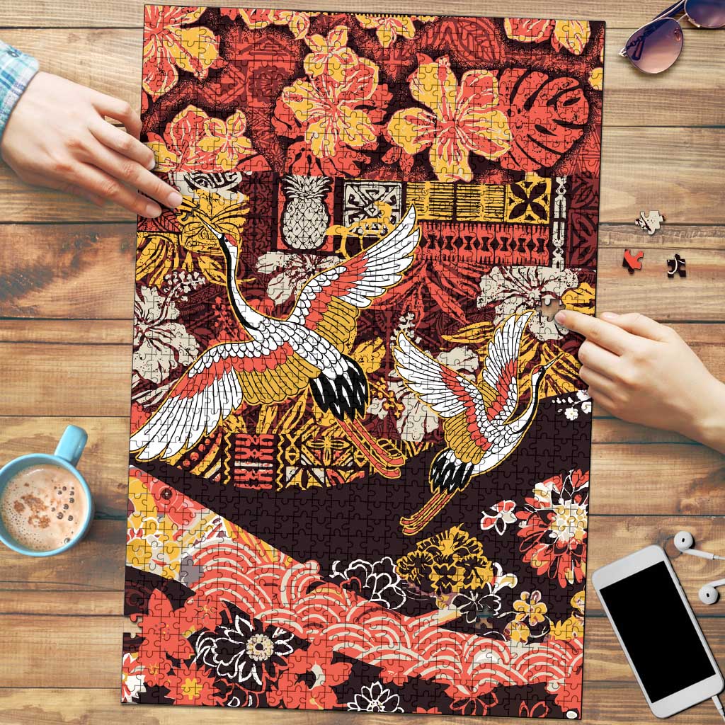 Japanese Hawaiian Crane Puzzle Yellow Ochre Tapa Patchwork Pattern LT9 Yellow - Polynesian Pride