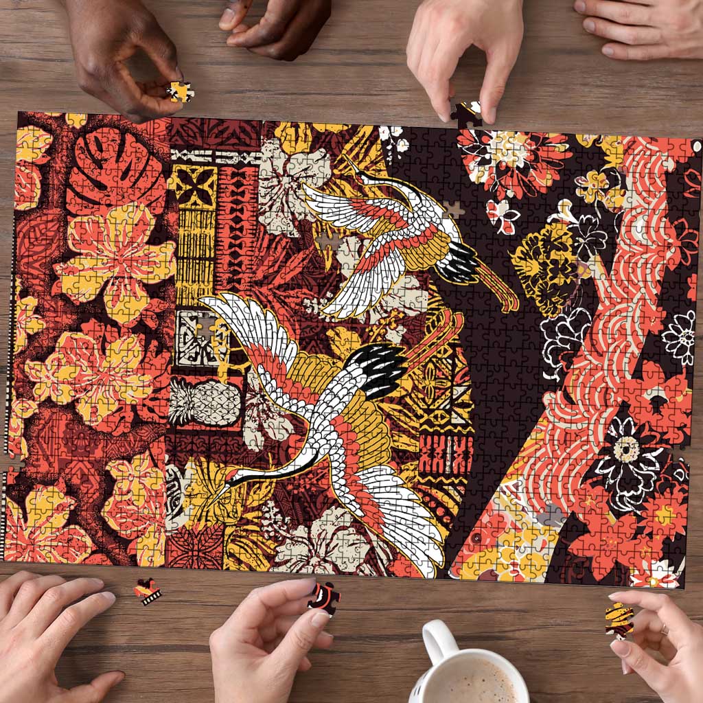 Japanese Hawaiian Crane Puzzle Yellow Ochre Tapa Patchwork Pattern LT9 - Polynesian Pride