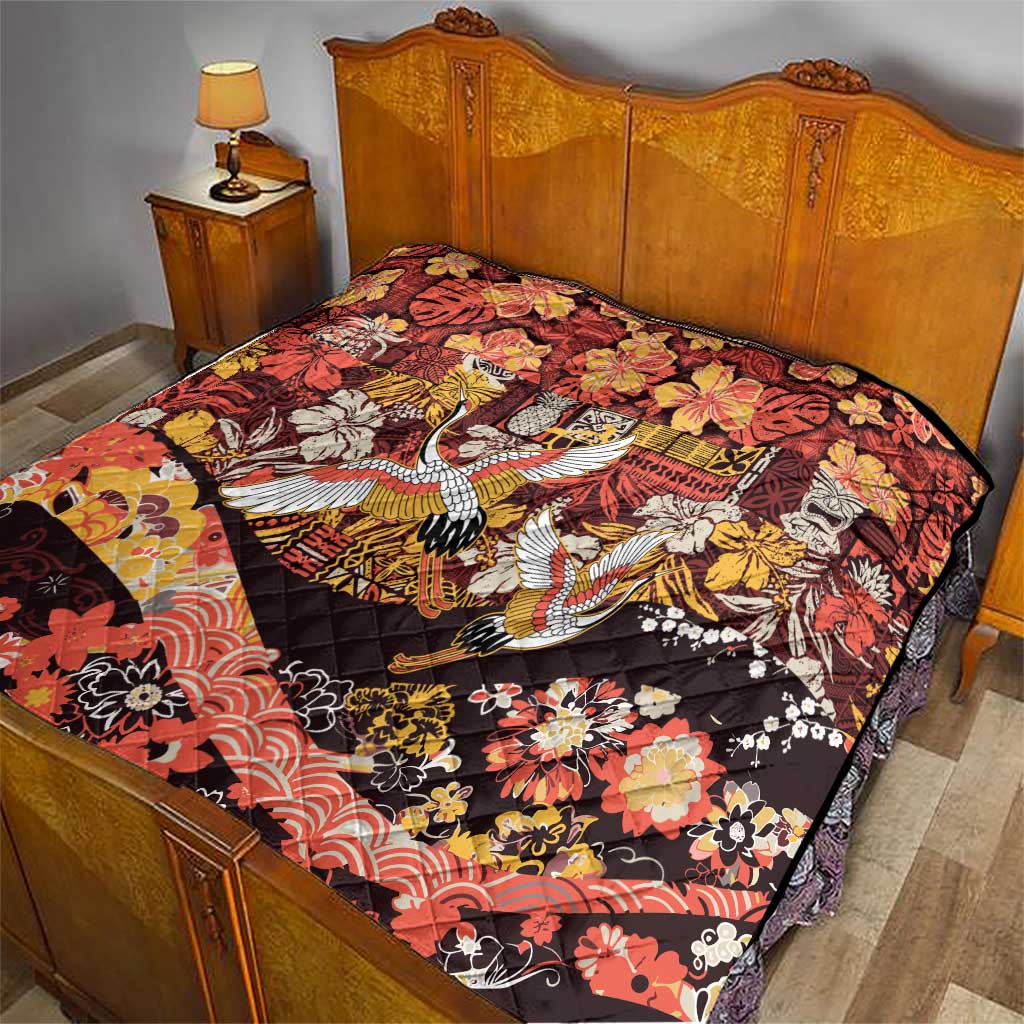 Japanese Hawaiian Crane Quilt Yellow Ochre Tapa Patchwork Pattern LT9 - Polynesian Pride