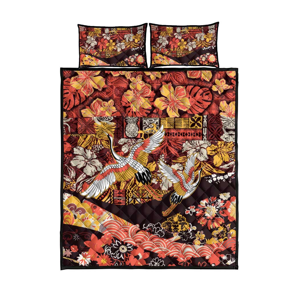 Japanese Hawaiian Crane Quilt Bed Set Yellow Ochre Tapa Patchwork Pattern LT9 - Polynesian Pride