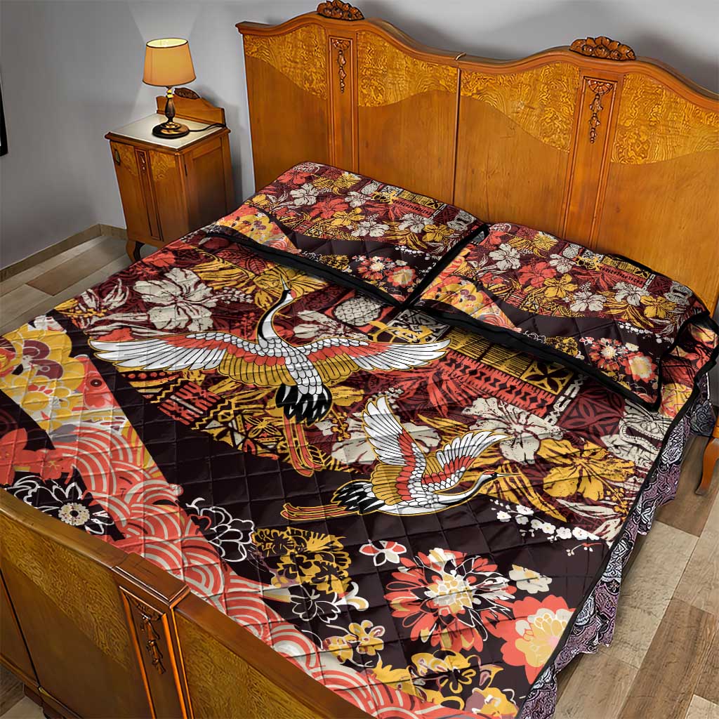 Japanese Hawaiian Crane Quilt Bed Set Yellow Ochre Tapa Patchwork Pattern LT9 - Polynesian Pride