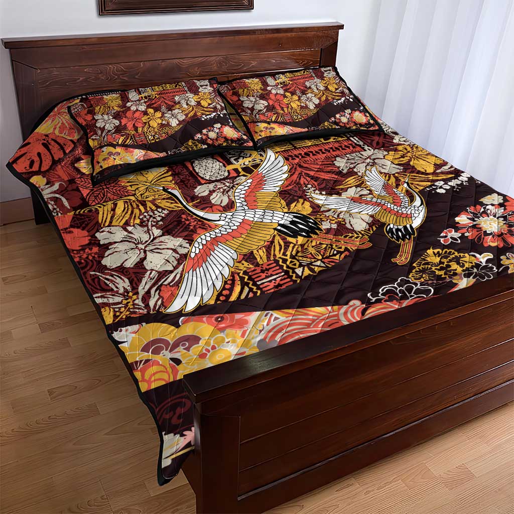Japanese Hawaiian Crane Quilt Bed Set Yellow Ochre Tapa Patchwork Pattern LT9 - Polynesian Pride