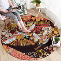 Japanese Hawaiian Crane Round Carpet Yellow Ochre Tapa Patchwork Pattern LT9 - Polynesian Pride