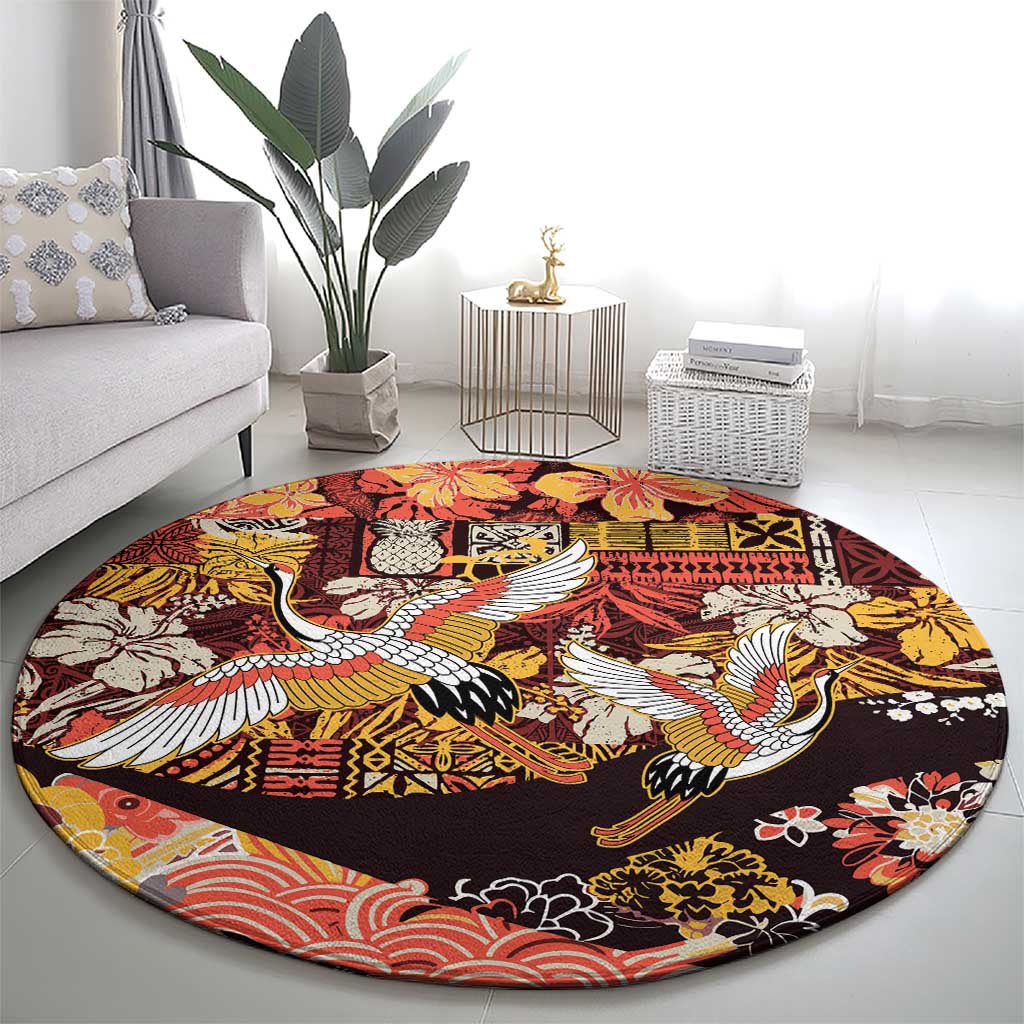 Japanese Hawaiian Crane Round Carpet Yellow Ochre Tapa Patchwork Pattern LT9 - Polynesian Pride
