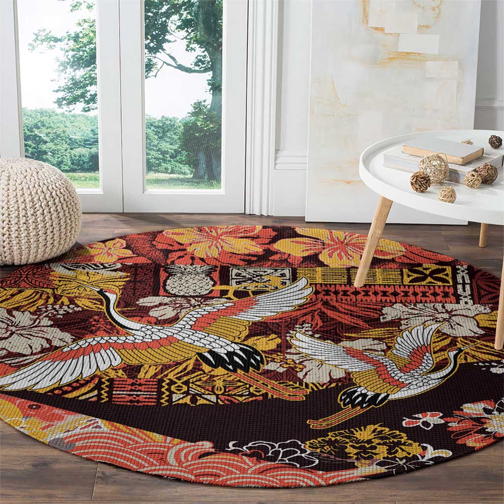 Japanese Hawaiian Crane Round Carpet Yellow Ochre Tapa Patchwork Pattern LT9 - Polynesian Pride