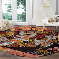 Japanese Hawaiian Crane Round Carpet Yellow Ochre Tapa Patchwork Pattern LT9 - Polynesian Pride