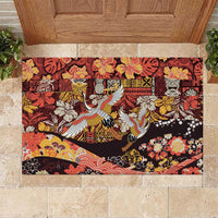 Japanese Hawaiian Crane Rubber Doormat Yellow Ochre Tapa Patchwork Pattern