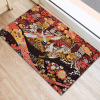 Japanese Hawaiian Crane Rubber Doormat Yellow Ochre Tapa Patchwork Pattern