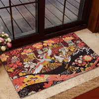 Japanese Hawaiian Crane Rubber Doormat Yellow Ochre Tapa Patchwork Pattern