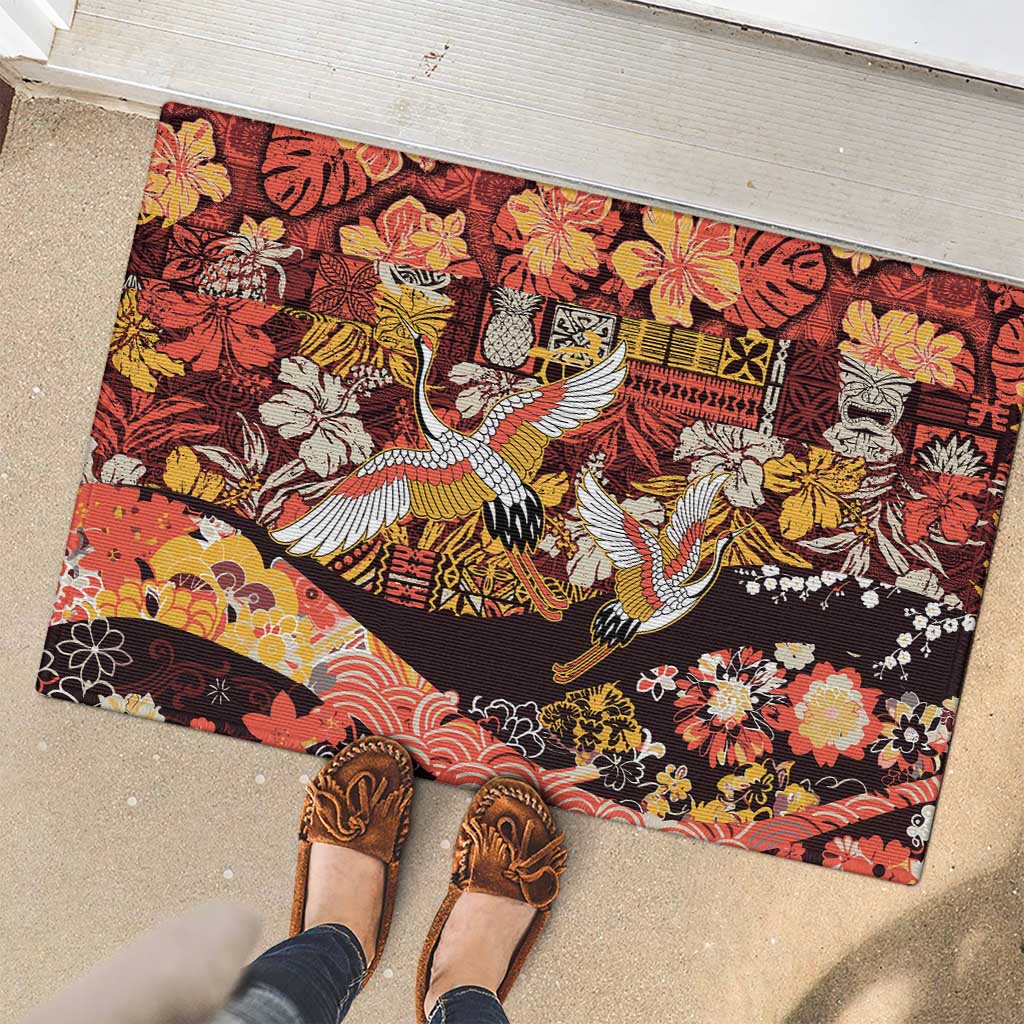Japanese Hawaiian Crane Rubber Doormat Yellow Ochre Tapa Patchwork Pattern