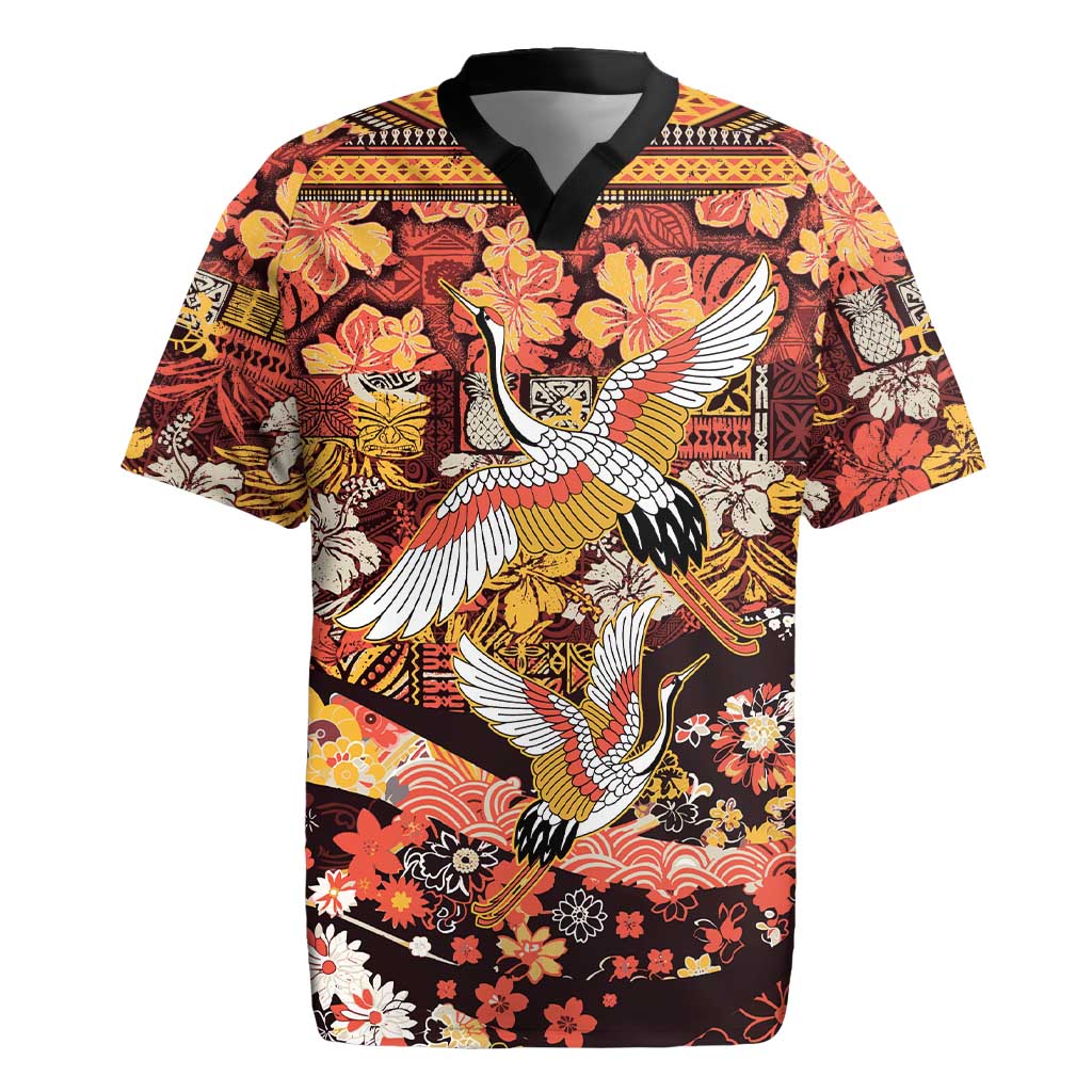 Japanese Hawaiian Crane Rugby Jersey Yellow Ochre Tapa Patchwork Pattern LT9 Yellow - Polynesian Pride