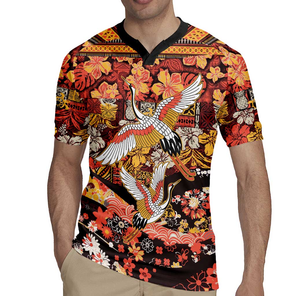 Japanese Hawaiian Crane Rugby Jersey Yellow Ochre Tapa Patchwork Pattern LT9 - Polynesian Pride