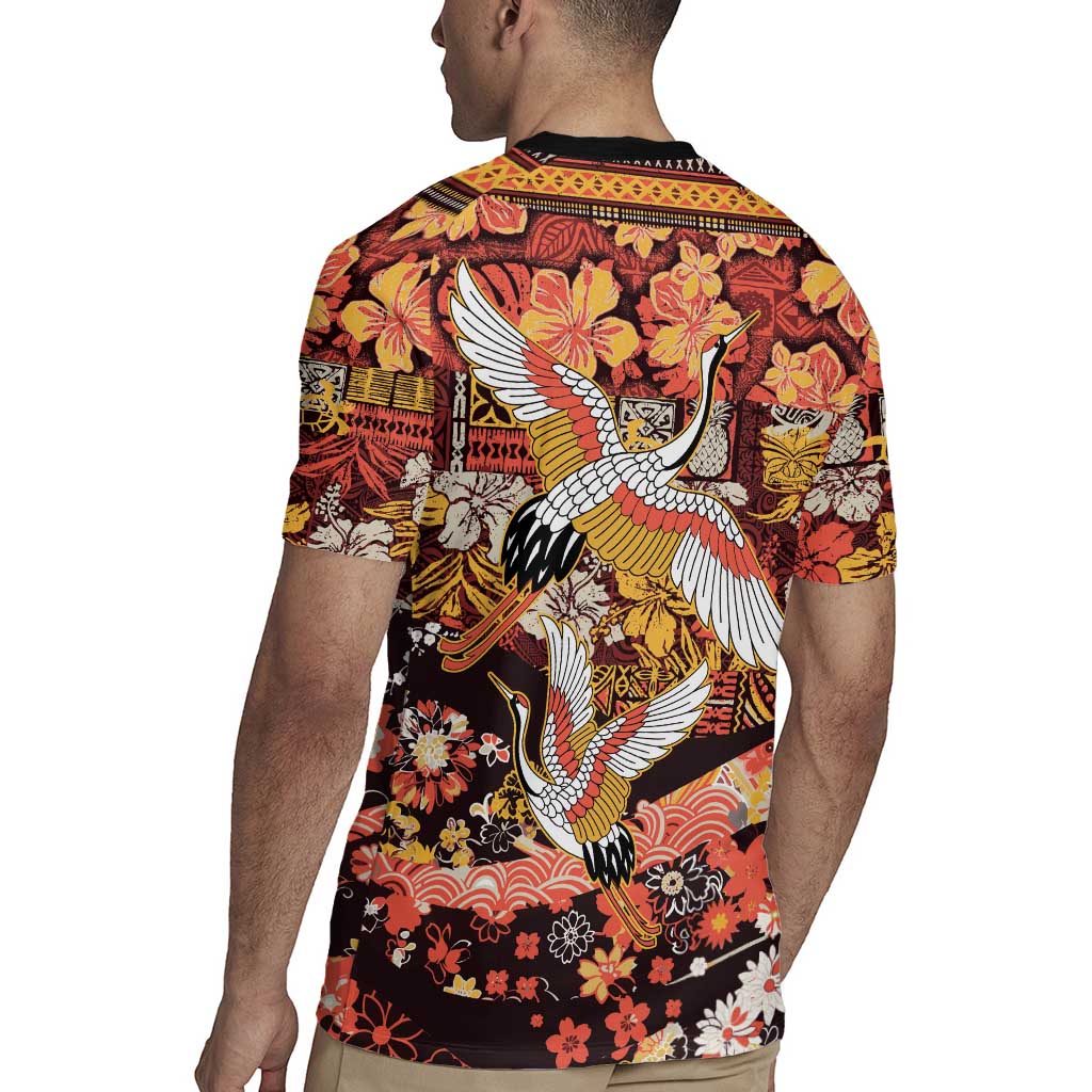 Japanese Hawaiian Crane Rugby Jersey Yellow Ochre Tapa Patchwork Pattern LT9 - Polynesian Pride
