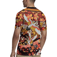 Japanese Hawaiian Crane Rugby Jersey Yellow Ochre Tapa Patchwork Pattern LT9 - Polynesian Pride