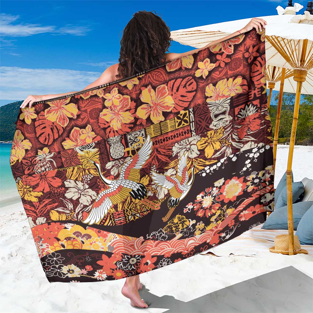 Japanese Hawaiian Crane Sarong Yellow Ochre Tapa Patchwork Pattern LT9 One Size 44 x 66 inches Yellow - Polynesian Pride