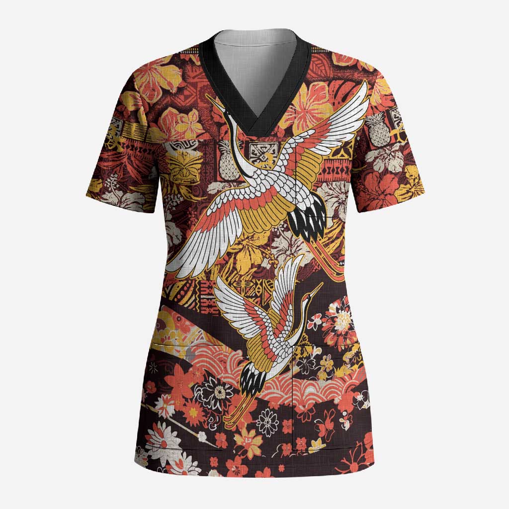 Japanese Hawaiian Crane Scrub Top Yellow Ochre Tapa Patchwork Pattern LT9 Adult Yellow - Polynesian Pride